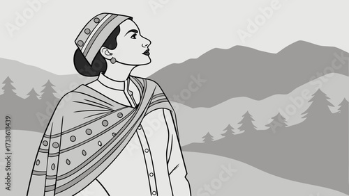A woman in traditional dress looks towards the mountains, a symbol of cultural pride and the allure of exploration, inspiring a sense of adventure