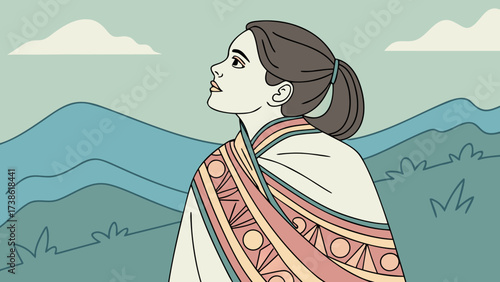 A woman in traditional clothing looks up at the sky with mountains and clouds in the background, symbolizing hope and aspiration in nature