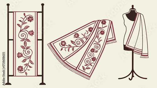 Exquisite saree designs with floral motifs displayed on a stand and mannequin, showcasing indian textile art and cultural heritage