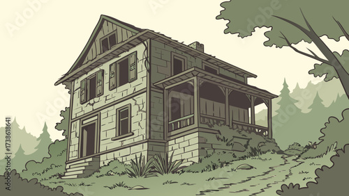 Illustration of an abandoned house on a hill, surrounded by trees, depicting a sense of mystery and decay in a natural setting