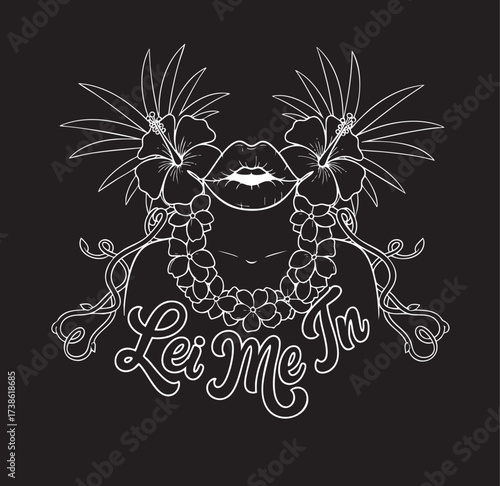 Tropical Hibiscus Flowers and Traditional Hawaiian Lei with Woman's Lips Vector Illustration