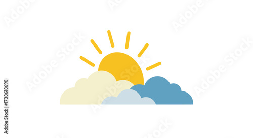 Colorful flat sun and clouds design on white background