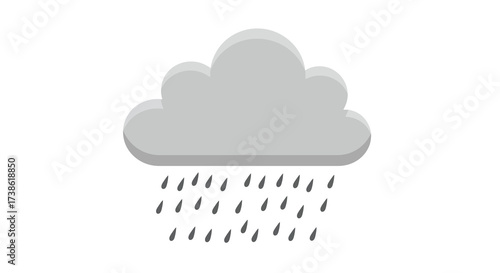 Flat gray cloud with falling raindrops on white background