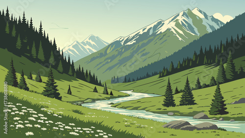 A serene mountain landscape with a winding river, lush meadows, and towering snowcapped peaks creates a breathtaking panorama of natural beauty