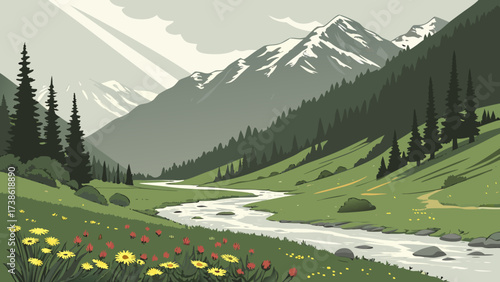 Scenic mountain valley with a river flowing through it, surrounded by lush greenery, snowcapped peaks, and wildflowers, creating a tranquil landscape