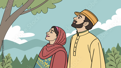 An illustration of a couple looking up at a tree in a serene outdoor setting, depicting a moment of connection and appreciation for nature