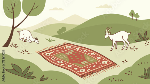 A vibrant oriental rug lies in a lush green field, surrounded by grazing goats and rolling hills, creating a whimsical and inviting scene