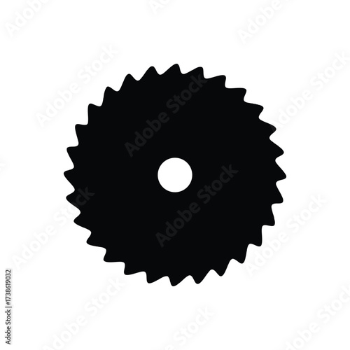 black vector silhouette icon of a circular saw blade with sharp teeth, symbolizing construction, carpentry, industry, and cutting tools.