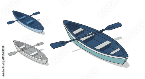 Isometric rowboats with oars set on white background