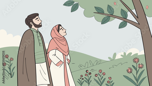 A muslim couple in traditional dress enjoying the beauty of nature, surrounded by lush greenery and blooming flowers, a perfect illustration of love