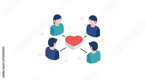Isometric team collaboration with heart symbol on white background