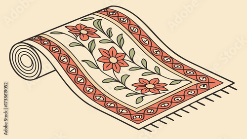 A beautifully patterned floral carpet, partially rolled up, showcasing its intricate design and texture
