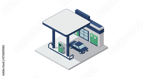 Isometric gas station with car at pump in modern urban design