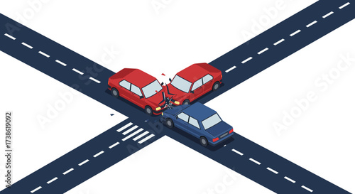 Isometric car collision at street intersection with three vehicles