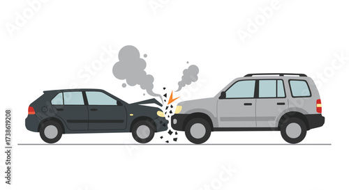 Flat design car collision scene with smoke and debris impact