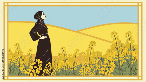 A woman in a black dress stands in a field of yellow flowers, gazing at the horizon with a serene expression, embodying peace and contemplation