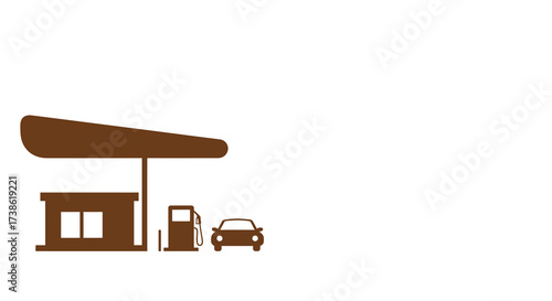 Minimalist fuel station scene with car and pump on white background