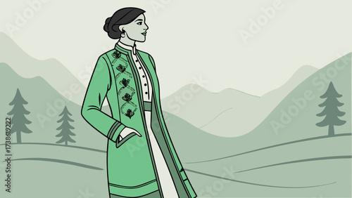 A woman in a green coat stands in a landscape with mountains and trees, showcasing traditional clothing with intricate embroidery details