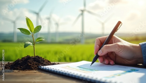 Person reviews sustainable energy reports. A small plant grows near the document. Wind turbines stand in the background. Eco tech business concept. Green energy transition