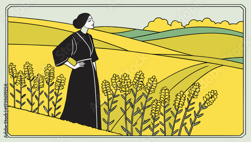 A woman in a black dress stands in a field of yellow flowers, gazing at the horizon with a serene expression, embodying peace and contemplation
