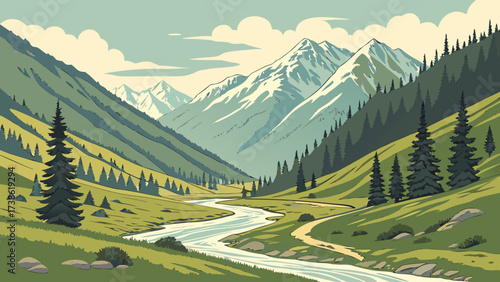 A picturesque mountain valley with a winding river, lush greenery, and snowcapped peaks, capturing the essence of a tranquil natural landscape