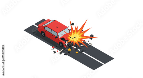Isometric red car crash on road with explosion and debris