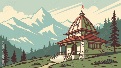 A serene illustration of a temple nestled in the mountains, with a flag waving atop its dome, capturing the peacefulness of a spiritual retreat
