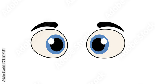 Cartoon eyes on white background with blue irises and black eyebrows