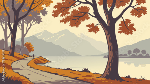 A scenic illustration of a lakeside road in autumn, with colorful trees and distant mountains, capturing the beauty of a peaceful day