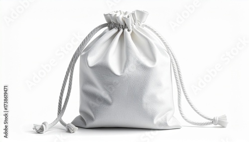 White drawstring pouch with smooth texture and extended strings on plain white background