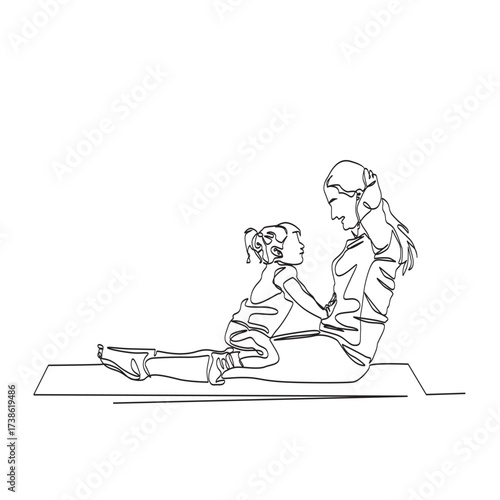 Continuous vector line art of a young mother doing fitness exercises with her daughter on a carpet