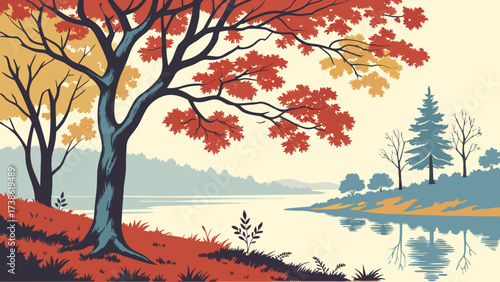 Autumn landscape with a tree on a hill overlooking a lake, with a forest in the background in warm colors, creating a serene and picturesque scene