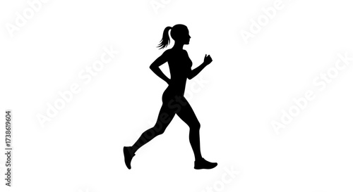 Silhouette of a female runner jogging in profile on white background