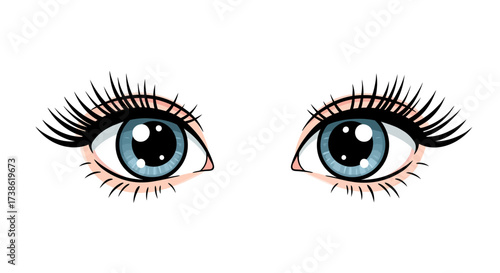 Expressive cartoon eyes with long eyelashes on white background