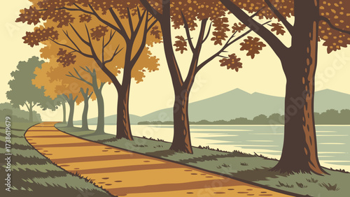 A serene autumn landscape featuring a path alongside a tranquil lake, framed by trees with golden foliage, mountains in the distance, and a peaceful sky
