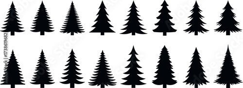 Set of Black Pine Tree Silhouettes in Various Shapes and Styles for Forest, Nature, Landscape, and Botanical Design Projects