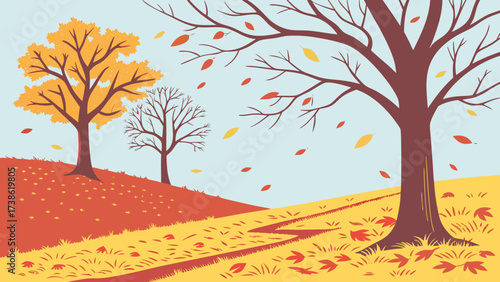 Autumn landscape with trees and falling leaves, showcasing the beauty of the season with a winding path under a serene sky in a vector illustration