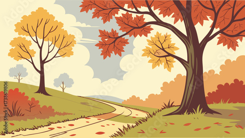 Autumn landscape with a winding road, showcasing the vibrant colors of fall with trees and foliage under a cloudy sky in a vector illustration