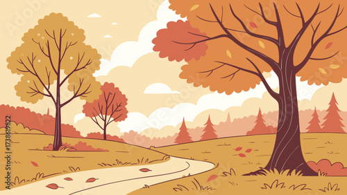 A tranquil autumn scene showcases trees adorned in warm shades of orange and brown, a meandering path, and a soft, cloudy sky in a delightful illustration