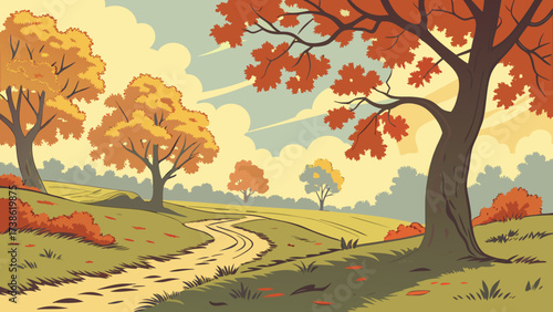 A vibrant autumn landscape illustration featuring colorful trees, a winding path, and a bright sky, depicting the beauty of the fall season