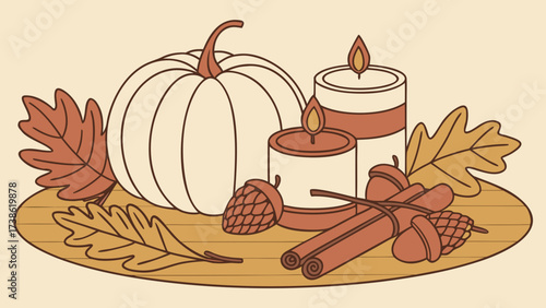 A rustic autumn still life with pumpkin, candles, and spices, , capturing the essence of the fall harvest season