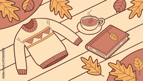 Cozy autumn scene with a sweater, a cup of tea, a book and leaves on a wooden surface, creating a warm and inviting atmosphere for relaxation