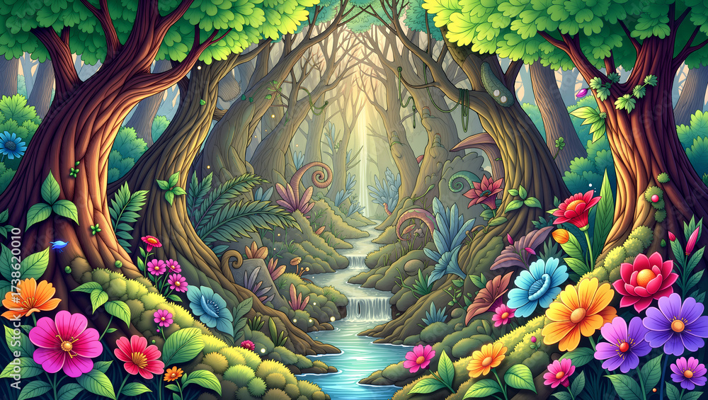 Obraz premium Fairytale forest illustration with lush foliage and flowing creek
