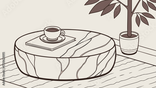 Cozy coffee table setup with a cup of coffee, book, and potted plant, creating a relaxing and inviting atmosphere for a peaceful moment