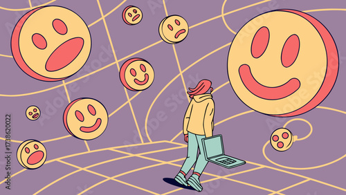 A girl with a laptop stands in a virtual space filled with emoticons, conveying the impact of social media on mental health and emotional wellbeing
