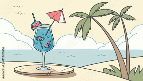 A refreshing blue cocktail on a tropical beach with palm trees, capturing the essence of a relaxing summer vacation getaway