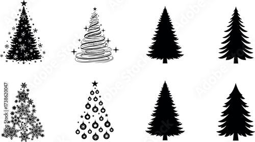 Set of eight decorative Christmas tree silhouettes and festive icons in black and white for holiday design, greeting, and decoration use
