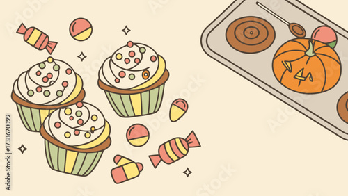 An illustration of halloween treats, featuring cupcakes, candies, and a pumpkinshaped cookie on a baking sheet, creating a festive and delicious scene