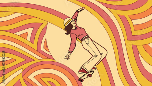 A retro 70s illustration of a woman skateboarding with groovy stripes, capturing the essence of vintage style and freedom, perfect for a nostalgic vibe