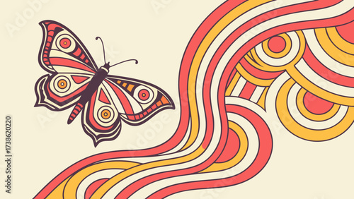 A groovy 70s themed illustration of a butterfly with retro stripes, evoking a sense of nostalgia and vintage style, perfect for a throwback vibe